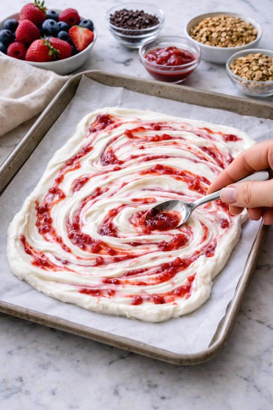 A hand swirls strawberry jam into a layer of cream cheese mixture on a baking sheet lined with parchment paper. Bowls of berries, chocolate chips, jam, and granola are in the background.