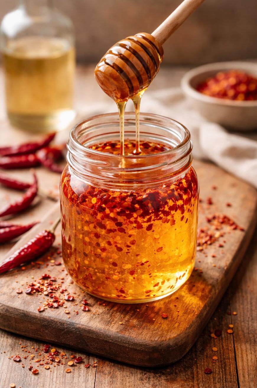A jar of honey with red chili flakes sits on a wooden board. A honey dipper drizzles honey back into the jar. Whole dried red chilies and a bowl with more chili flakes are in the background.