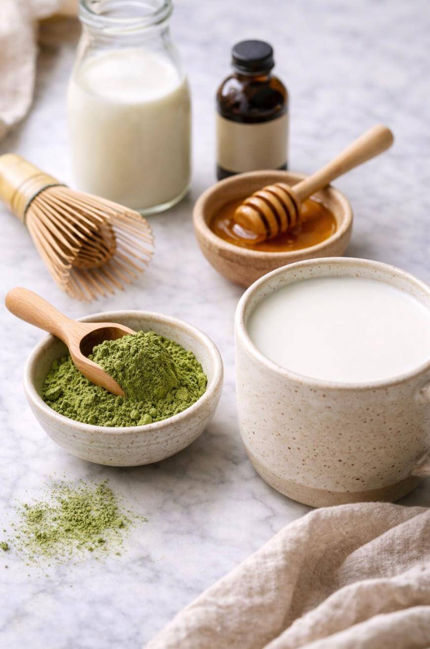 Ceramic cup of matcha latte on a marble surface, surrounded by a bowl of matcha powder with a wooden spoon, honey, a bamboo whisk, a glass of milk, and a small bottle.