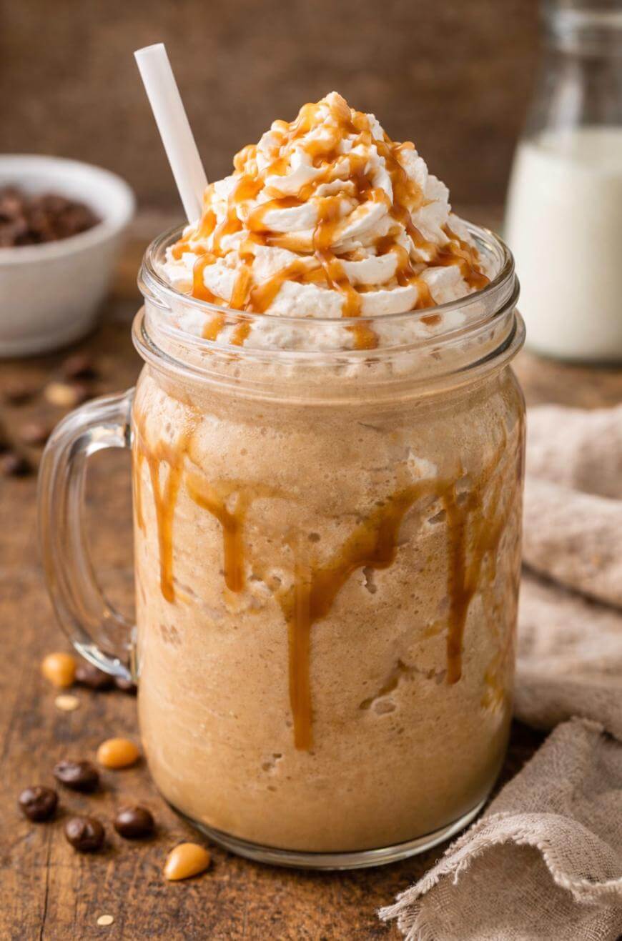 A mason jar filled with a blended iced coffee drink, topped with whipped cream and drizzled with caramel sauce, with a straw. Coffee beans and a bottle of milk are in the background on a wooden surface.