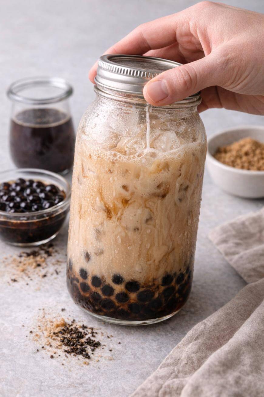 A hand holds a large mason jar filled with iced milk tea and black tapioca pearls, with condensation on the jar. Nearby are bowls of tapioca pearls, brown sugar, and a small glass of dark liquid.