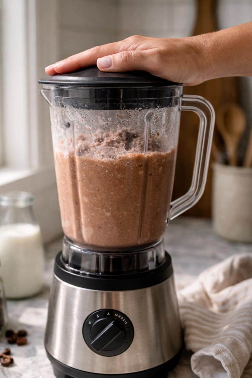 A hand holds the lid of a blender filled with a thick, brown mixture on a kitchen counter. A bottle of milk, a striped towel, and utensils are nearby.
