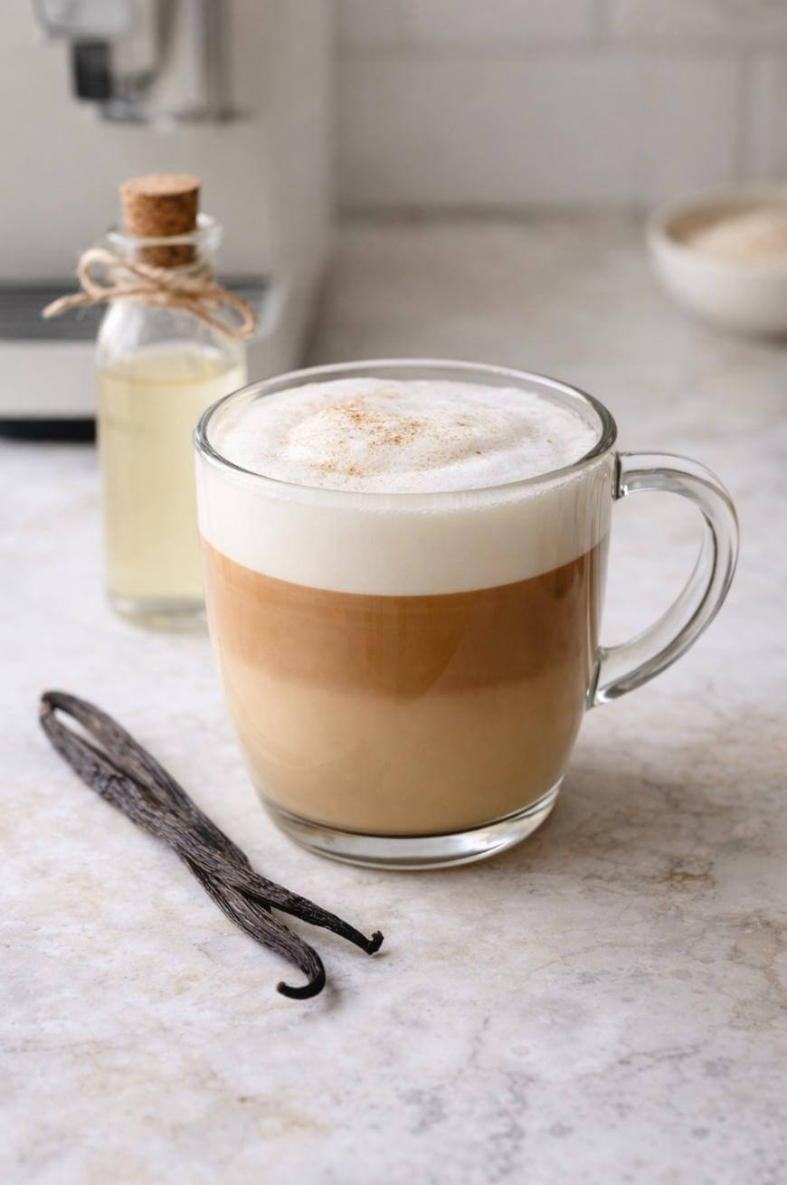 A glass mug of frothy coffee sits on a marble countertop next to two vanilla beans and a small bottle of liquid with a cork and twine. The scene has a soft, cozy feel.
