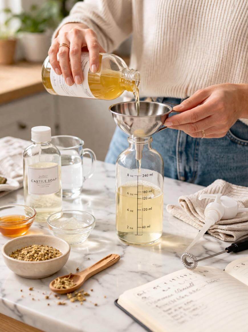 A person pours liquid from a bottle into a glass container using a funnel on a kitchen counter. Various ingredients, a whisk, and an open notebook are also visible on the marble surface.