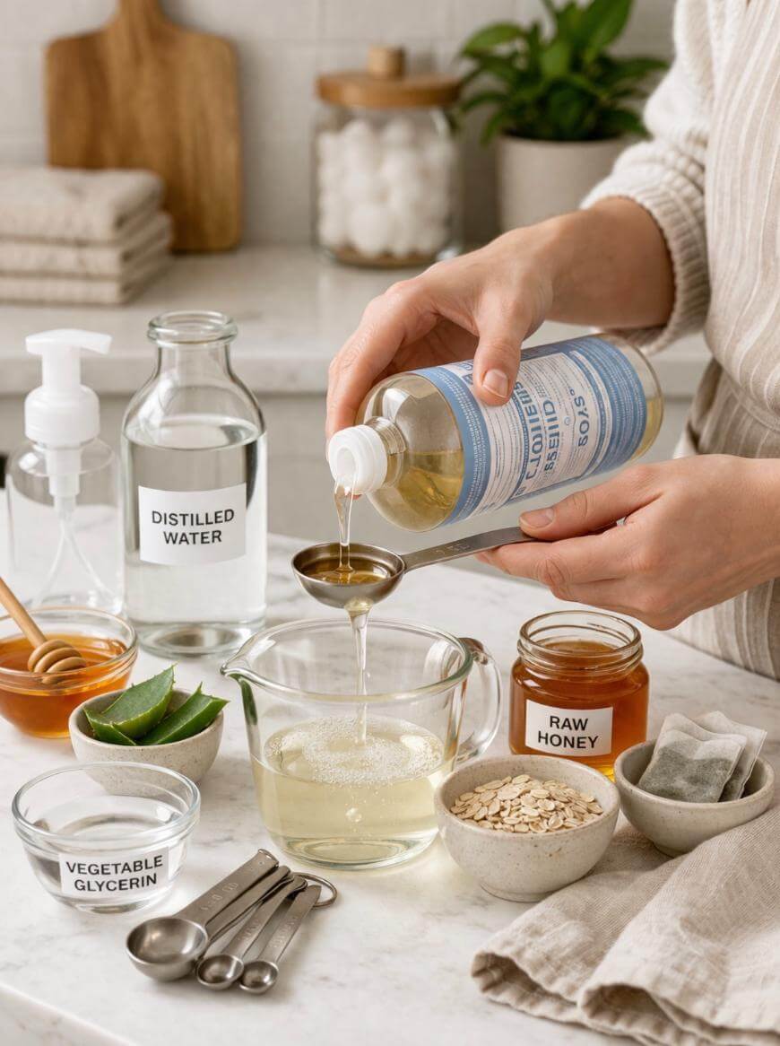 A person pours liquid castile soap into a measuring cup on a kitchen counter with jars of distilled water, vegetable glycerin, raw honey, aloe vera, oats, and various utensils and ingredients nearby.