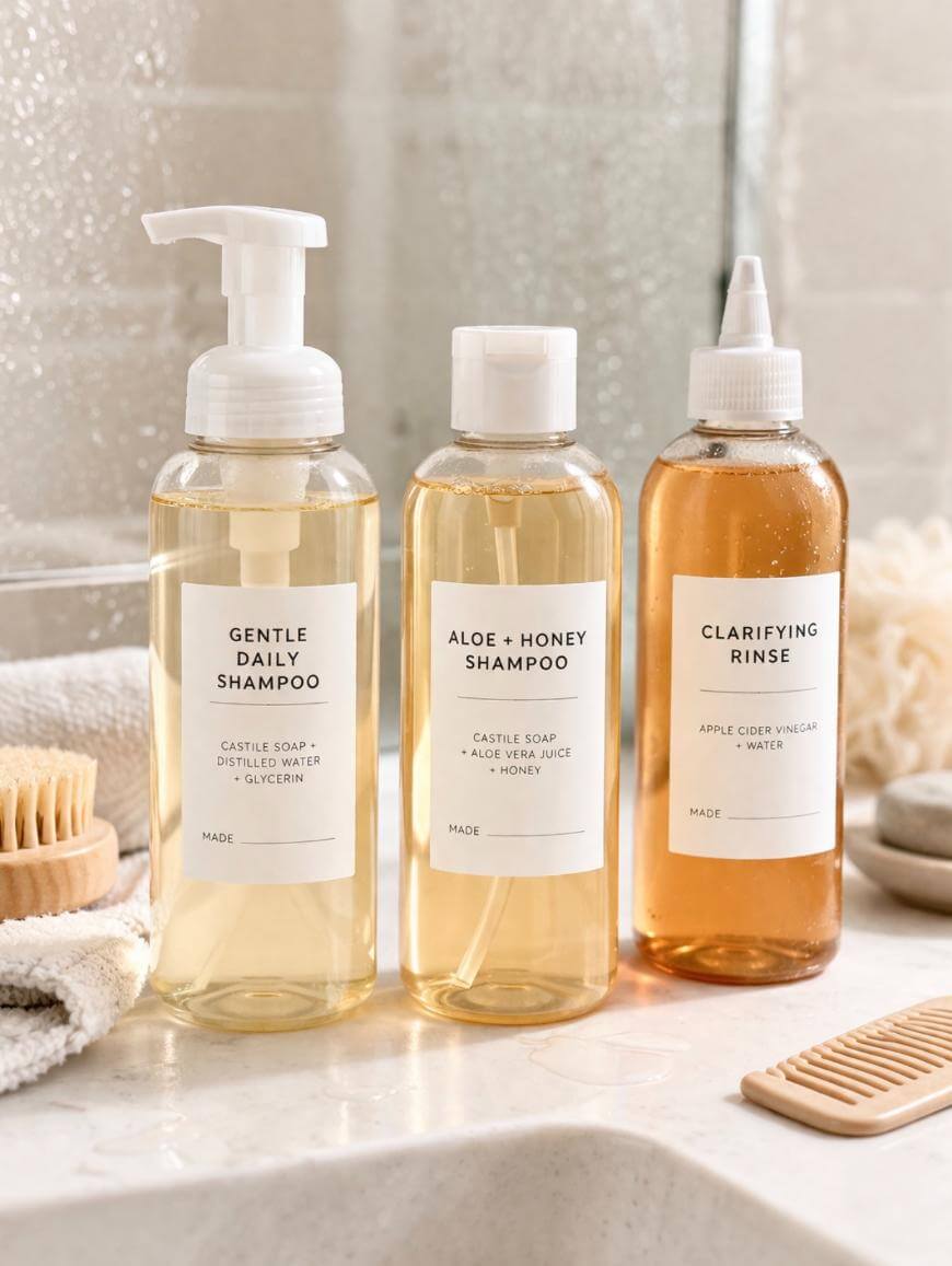 Three clear bottles with labels reading Gentle Daily Shampoo, Aloe + Honey Shampoo, and Clarifying Rinse are displayed on a bathroom counter with a towel, a wooden brush, and a comb nearby.