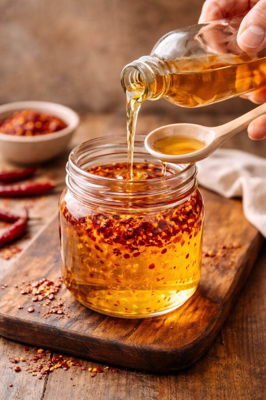 A hand pours oil from a bottle into a glass jar filled with chili flakes on a wooden board, with a small wooden spoon and dried chilies nearby.