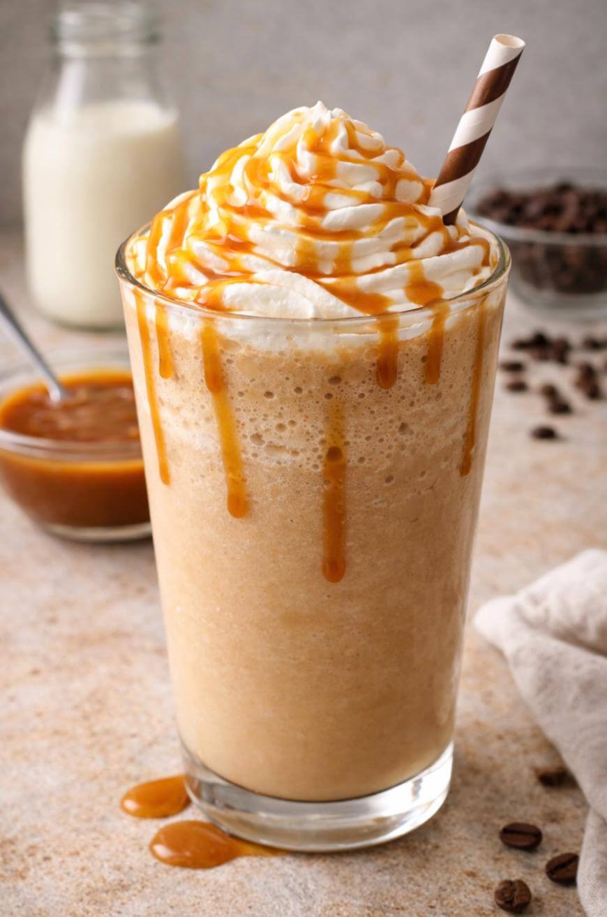A glass of iced coffee topped with whipped cream and caramel drizzle, served with a striped straw. Caramel sauce and a bottle of milk are in the background, with coffee beans scattered on the surface.