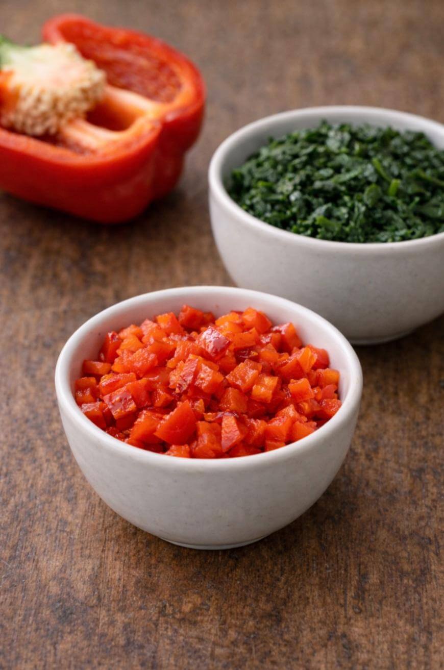 Two small white bowls on a wooden surface, one filled with finely diced red bell pepper and the other with chopped leafy greens. A halved red bell pepper is in the background.