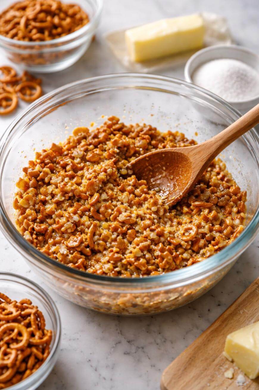 A glass bowl filled with crushed pretzels being mixed with melted butter using a wooden spoon, surrounded by bowls of pretzels, butter, and sugar on a marble countertop.