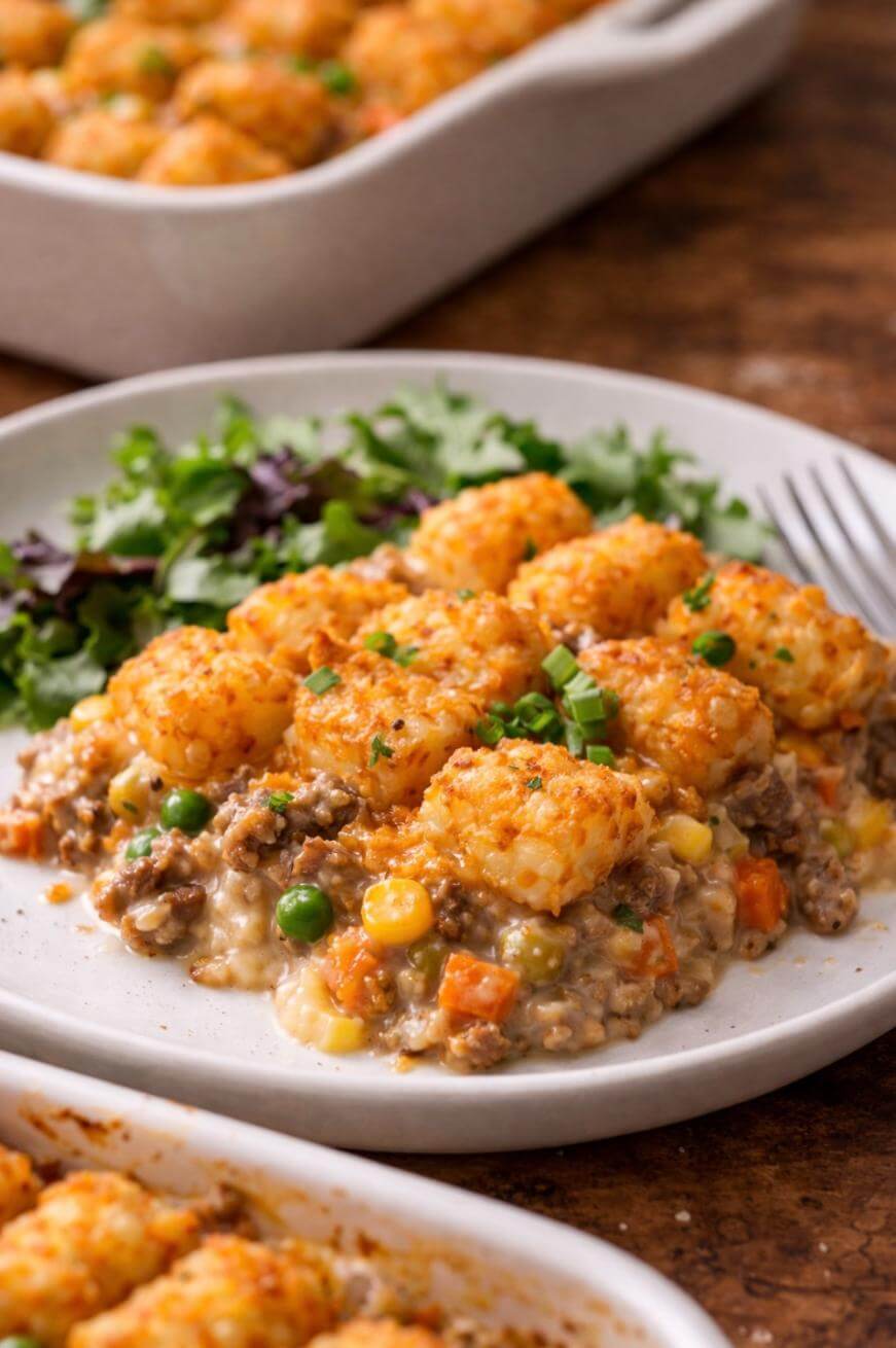 A plate of tater tot casserole with ground beef, peas, corn, and carrots, topped with golden tater tots and chopped chives, served with a side of mixed greens. A baking dish with more casserole is in the background.