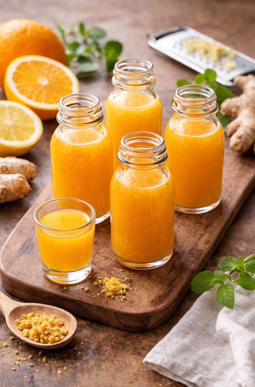 Four glass bottles and one small glass filled with bright orange juice are arranged on a wooden board, surrounded by fresh oranges, ginger roots, a grater, leafy herbs, and a wooden spoon with yellow powder.
