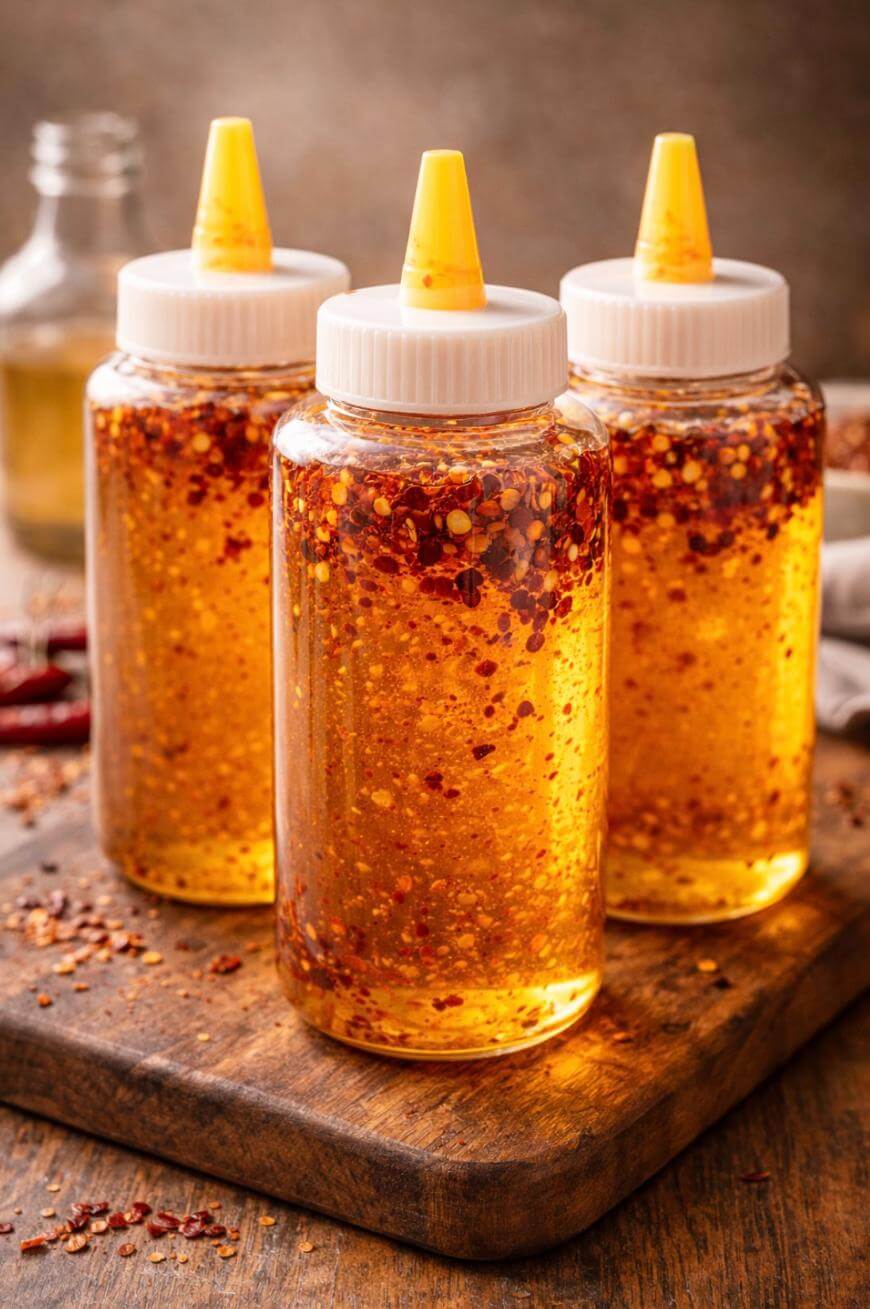 Three clear squeeze bottles filled with golden chili oil and red pepper flakes sit on a wooden board, each topped with a white cap and yellow nozzle. A blurred bottle is visible in the background.