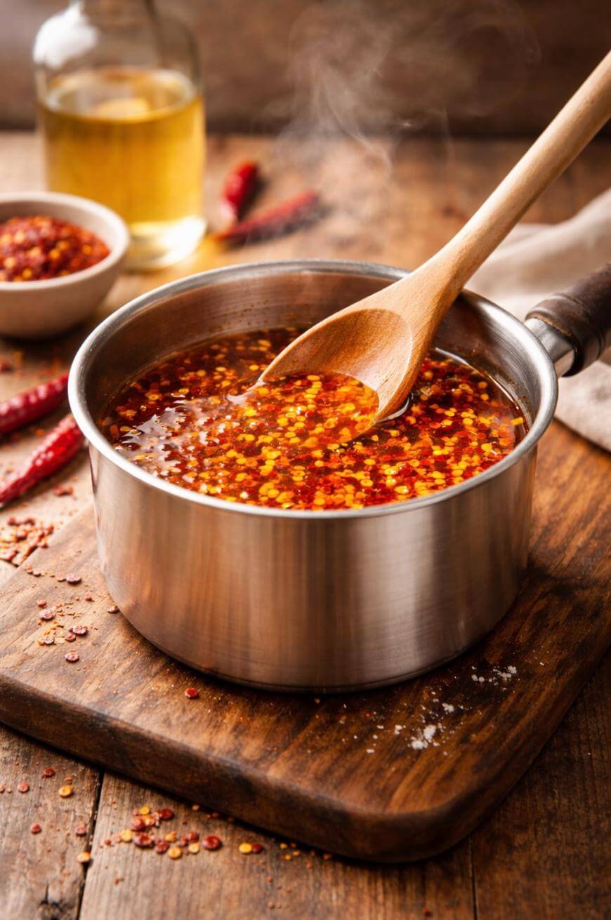 A stainless steel pot filled with hot chili oil and red pepper flakes sits on a wooden board. A wooden spoon rests in the pot, steam rising from the spicy mixture. A bowl, dried chilies, and a bottle are in the background.