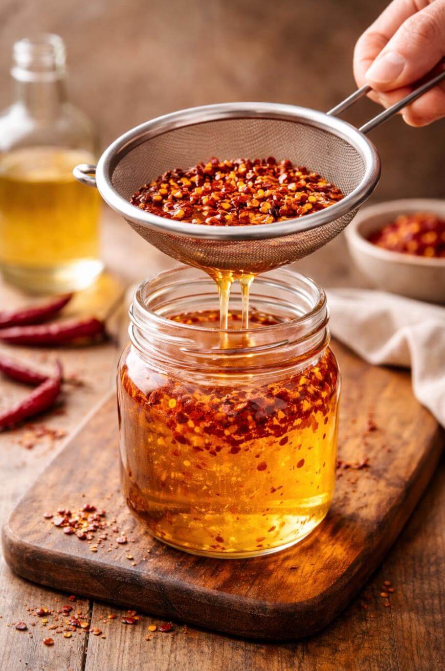 A hand holds a strainer with red chili flakes over a glass jar, with golden chili oil filtering through. The scene is set on a wooden board with dried chilies and a bottle in the background.