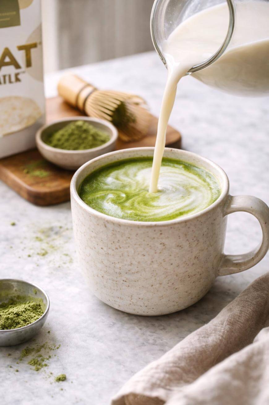 A close-up of milk being poured into a ceramic mug filled with green matcha tea, creating a swirling pattern. Nearby are a bowl of matcha powder, a bamboo whisk, and a carton labeled “Oat Milk.”.