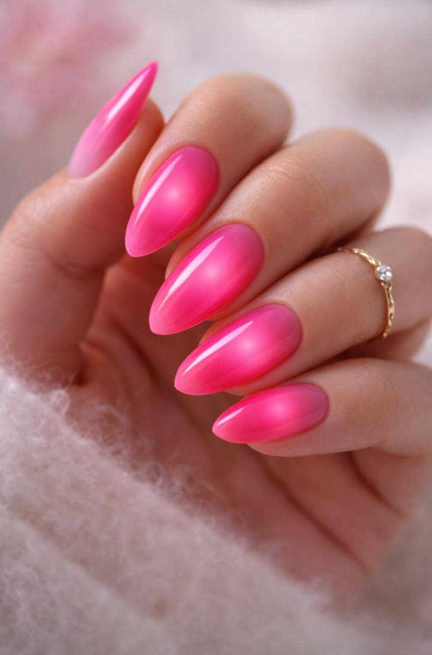 A hand with long, almond-shaped nails painted in a glossy, vibrant pink color. The person wears a delicate gold ring with a small gemstone. The background is soft and blurred, giving a cozy feel.