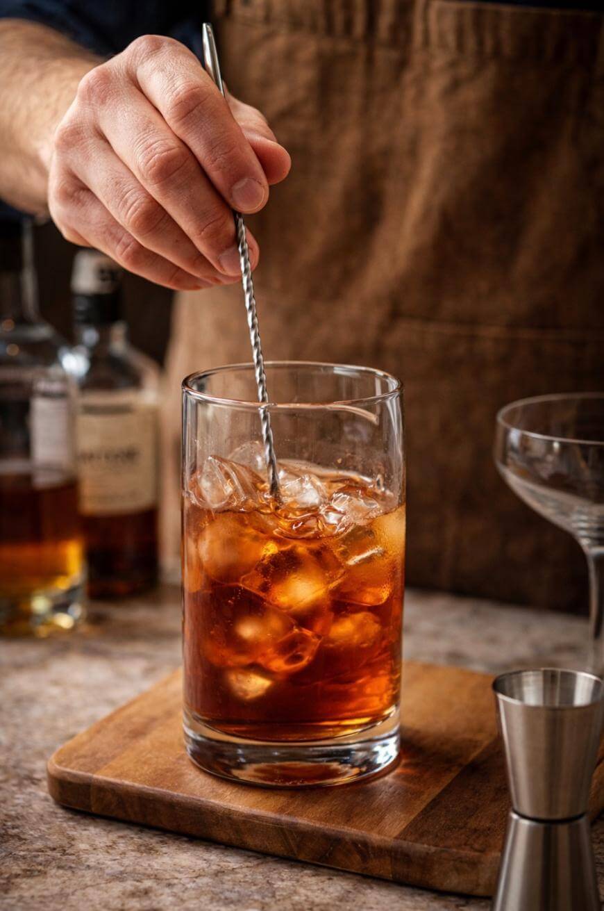 A person stirs a brown cocktail with ice in a glass using a metal bar spoon. Bottles, a jigger, and an empty coupe glass are on a wooden board and marble counter in the background.