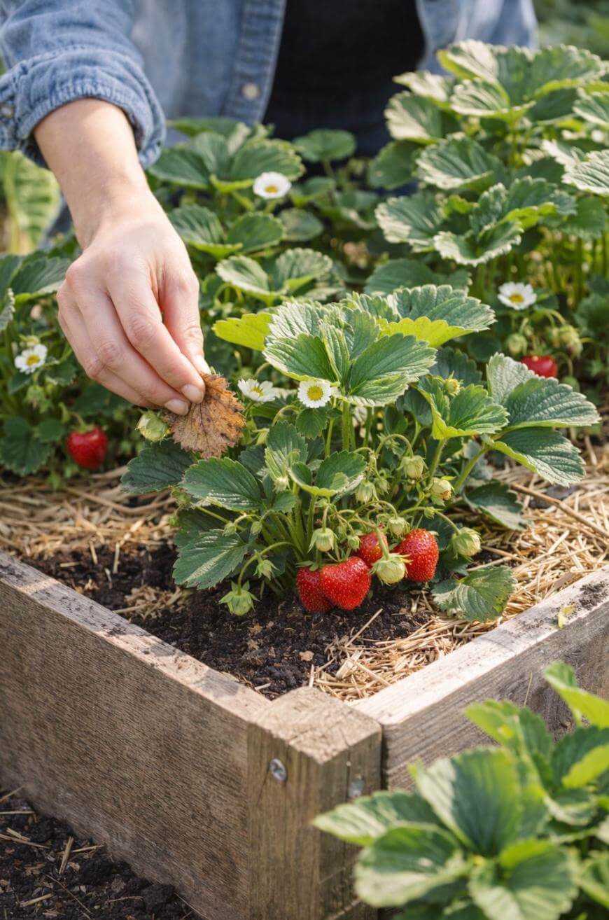 A person removes a dried leaf from a raised garden bed filled with healthy strawberry plants bearing ripe red strawberries and white flowers.