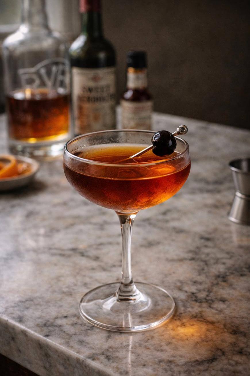 A coupe glass filled with a brown cocktail garnished with a cherry on a pick sits on a marble countertop. Bottles and cocktail ingredients are blurred in the background.