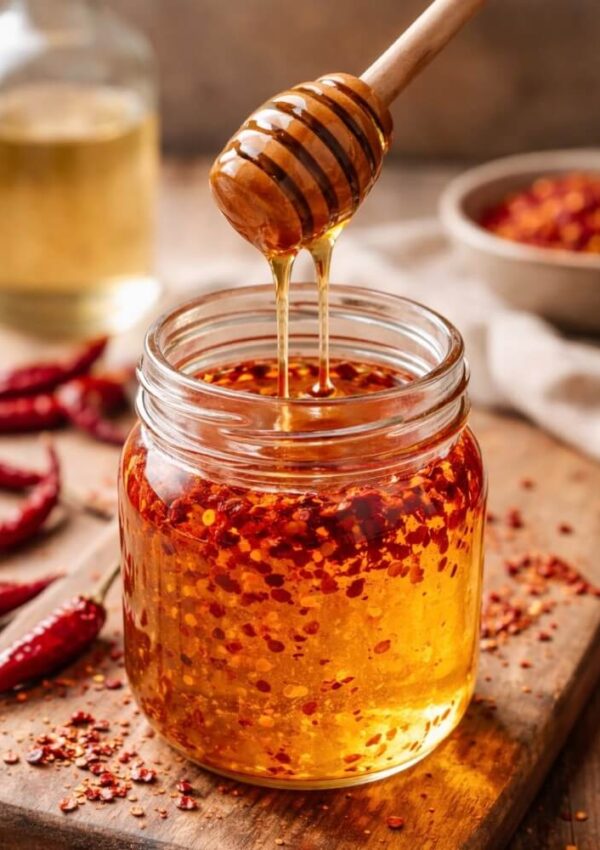 A jar of chili honey with red pepper flakes sits on a wooden board. A honey dipper drips the spicy honey, and dried red chili peppers are scattered nearby. A bowl and bottle are blurred in the background.