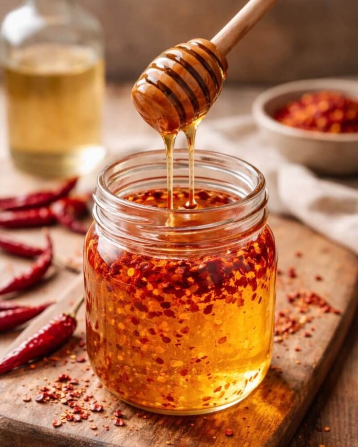 A jar of chili honey with red pepper flakes sits on a wooden board. A honey dipper drips the spicy honey, and dried red chili peppers are scattered nearby. A bowl and bottle are blurred in the background.