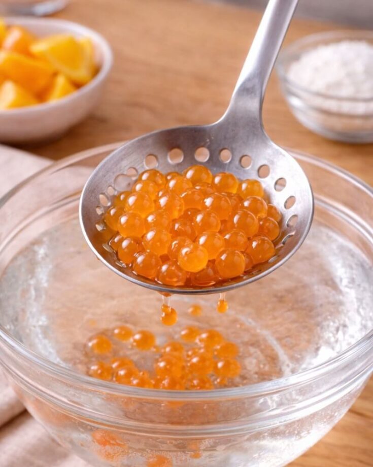 A slotted spoon holds bright orange spheres over a bowl of clear liquid, with lemon wedges and a bowl of white powder in the background on a wooden surface.