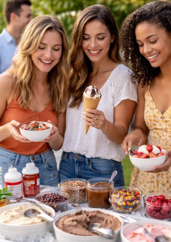 Three women smiling and enjoying ice cream and toppings at an outdoor table filled with various dessert bowls, candies, chocolate sauce, and fresh fruit on a sunny day.