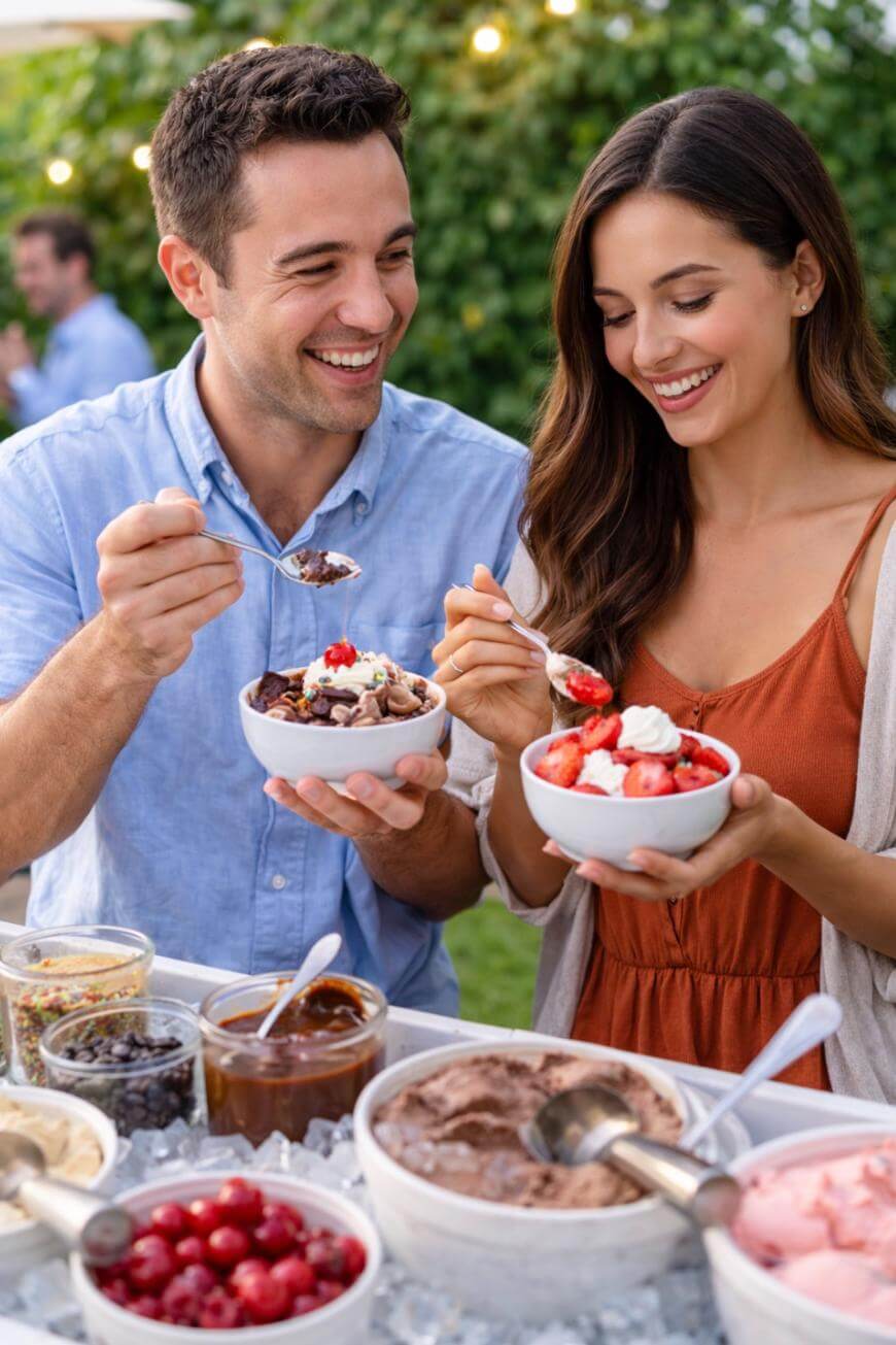 A smiling man and woman stand outdoors, holding bowls of ice cream topped with cherries. They are surrounded by various ice cream toppings and sauces on a table, enjoying a cheerful moment together.