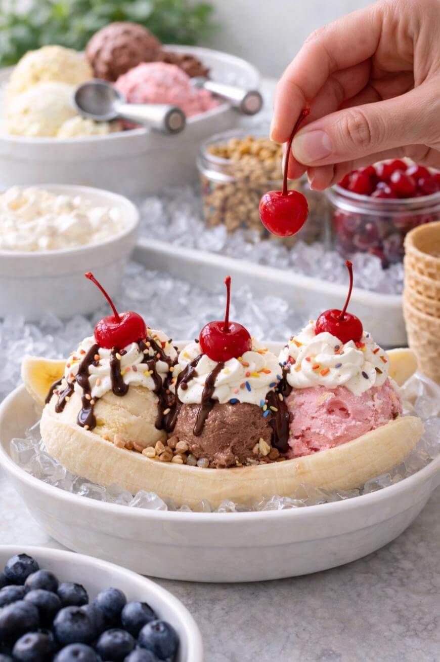 A hand places a cherry on a banana split topped with whipped cream, chocolate syrup, nuts, sprinkles, and cherries. Three scoops of ice cream sit in a split banana, with bowls of toppings and ice cream in the background.