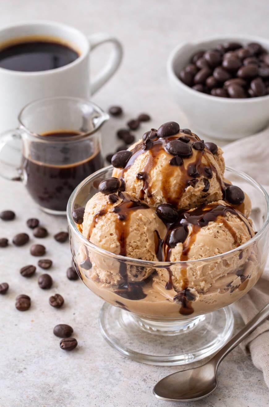 A glass bowl with three scoops of coffee ice cream, topped with chocolate sauce and coffee beans. Nearby are a cup of coffee, a small pitcher of coffee, a bowl of coffee beans, and scattered coffee beans on the table.