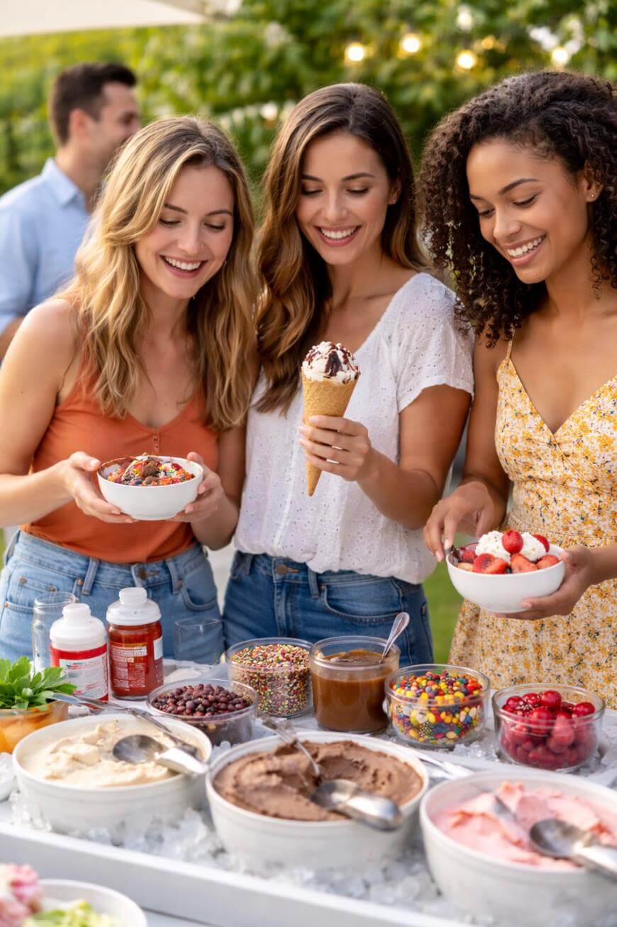 Three women smiling and making ice cream sundaes at an outdoor ice cream bar, choosing toppings like sprinkles, chocolate chips, and fruit, with ice cream tubs, sauces, and whipped cream on the table.