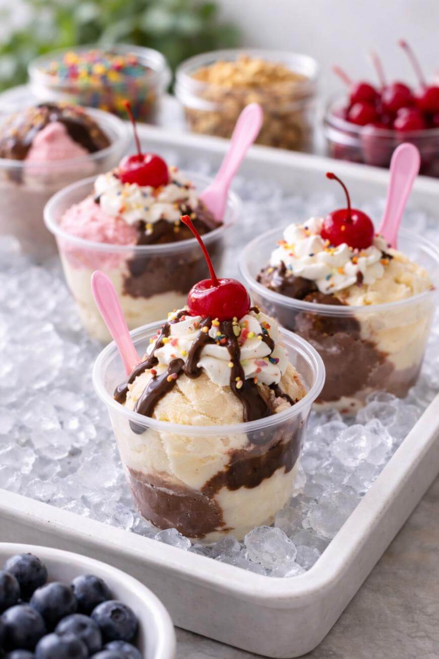Plastic cups filled with chocolate and vanilla ice cream sundaes, topped with whipped cream, chocolate syrup, sprinkles, and a cherry, each with a pink spoon, arranged on a tray of ice. Other toppings are in the background.