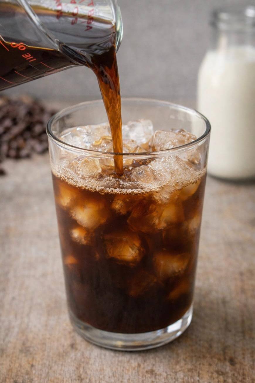 A glass filled with ice cubes is being poured with dark coffee from a measuring cup; a blurred bottle of milk is visible in the background.