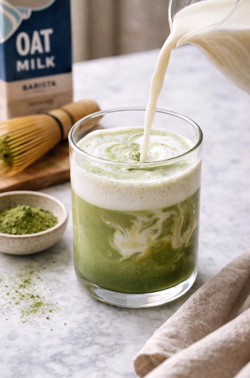 A glass of iced matcha latte with oat milk being poured in, creating swirling patterns. Nearby are a bamboo whisk, a small dish of matcha powder, and a carton labeled Oat Milk on a light marble surface.