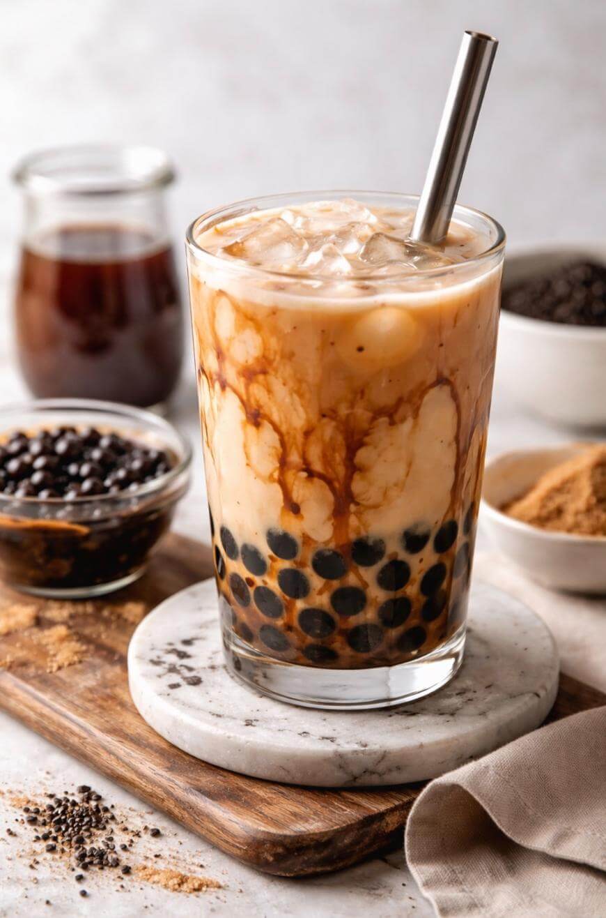A glass of iced bubble tea with black tapioca pearls, a metal straw, and swirls of brown syrup, placed on a marble coaster. In the background are bowls of tapioca pearls, brown sugar, and a jar of syrup.