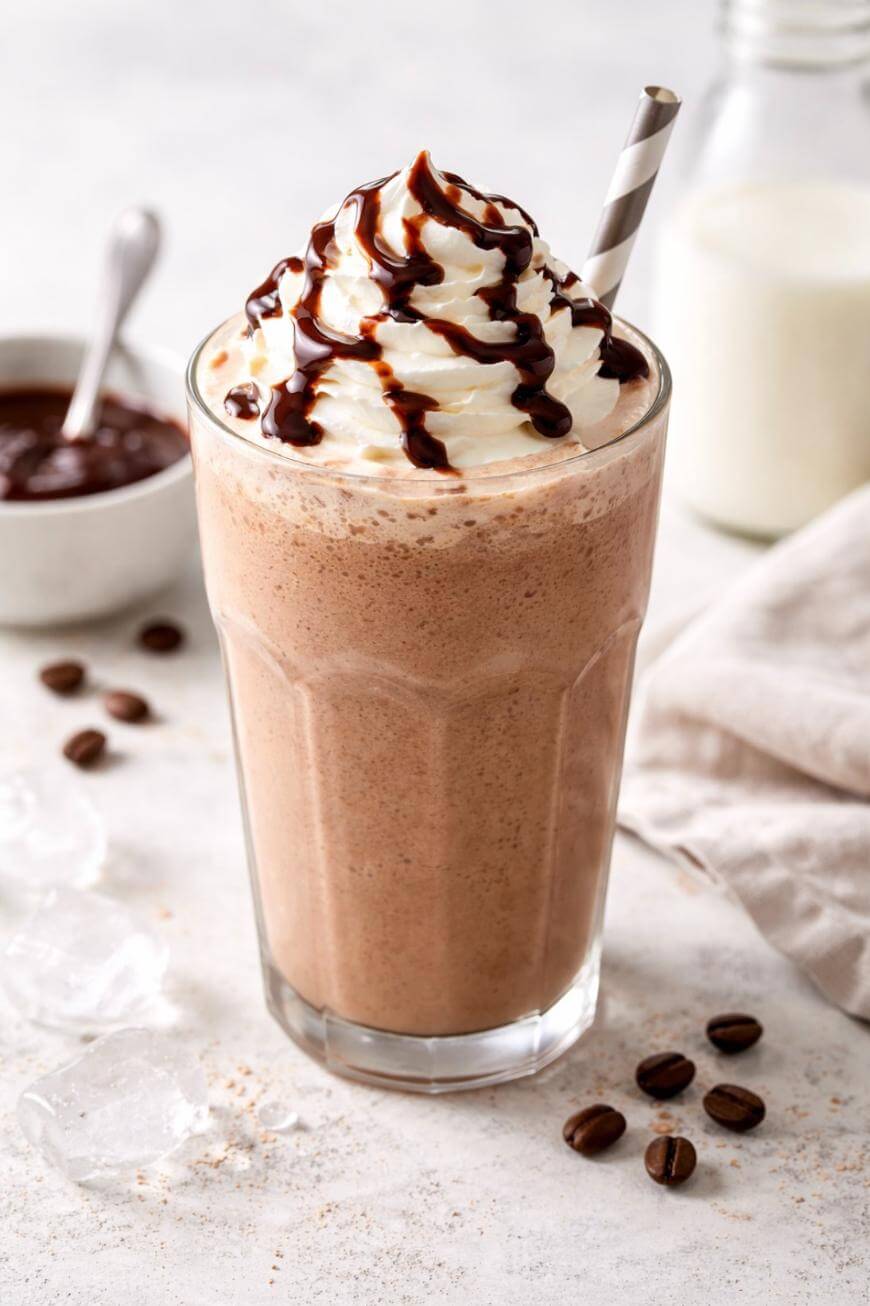 A glass of iced mocha topped with whipped cream and chocolate drizzle, served with a straw. Coffee beans, ice cubes, and a bowl of chocolate sauce are nearby, with a milk bottle in the background.