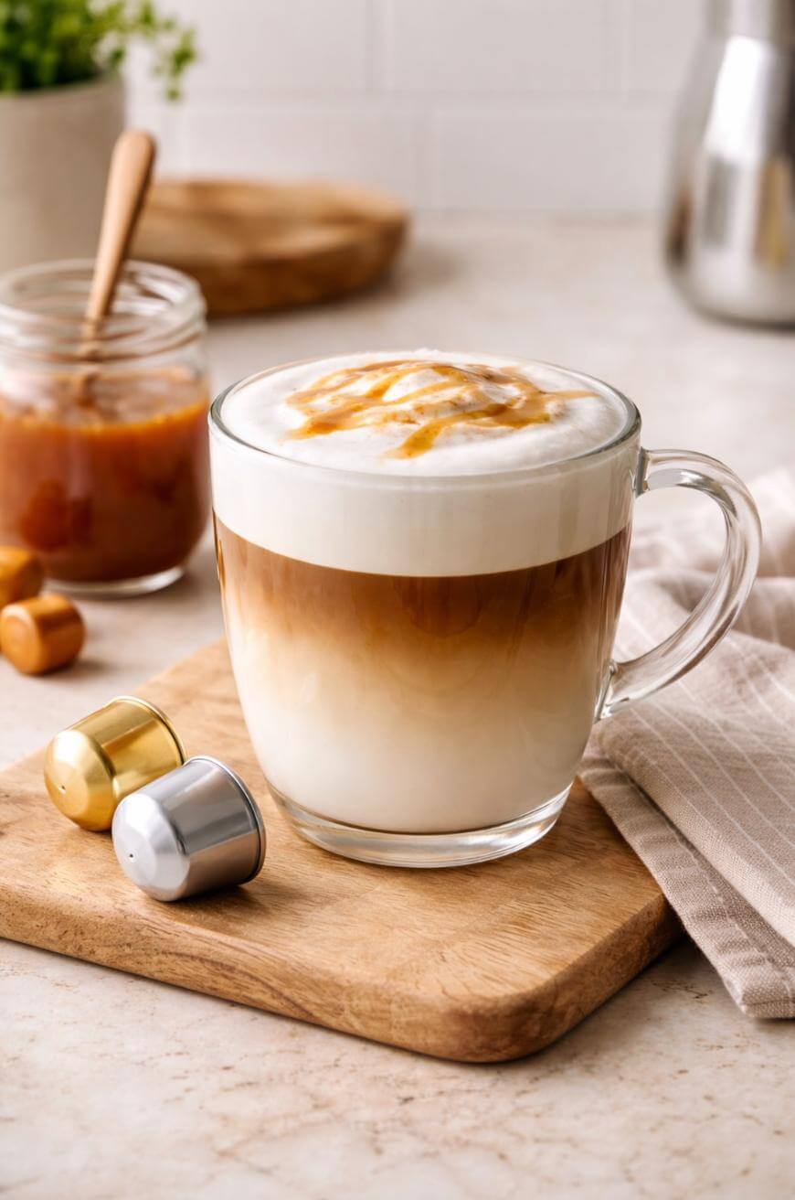 A glass mug of caramel macchiato with frothy milk and caramel drizzle sits on a wooden board, next to two coffee capsules and a jar of caramel sauce. A beige cloth napkin and kitchen items are in the background.