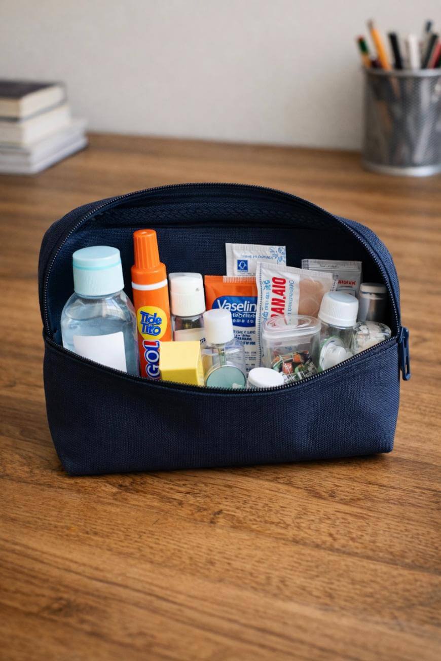 A navy blue zippered pouch sits open on a wooden desk, filled with various travel-sized toiletries and medicines such as bottles, sprays, ointments, bandages, and ointment tubes. In the background are books and a metal pen holder.