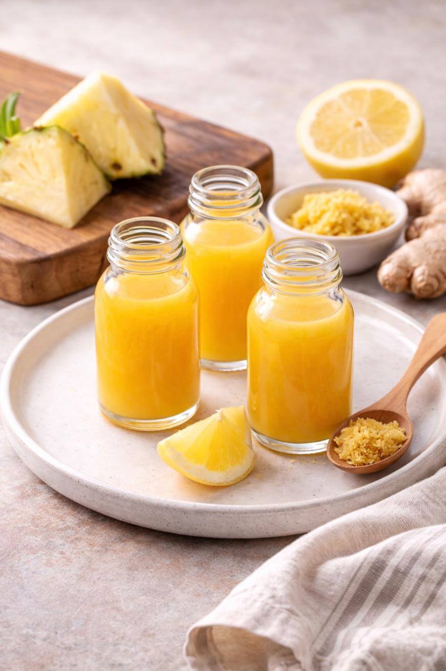 Three small glass bottles filled with yellow juice are on a white plate, surrounded by a lemon wedge, grated ginger, a wooden spoon, pineapple slices, and a halved lemon, all on a light background.