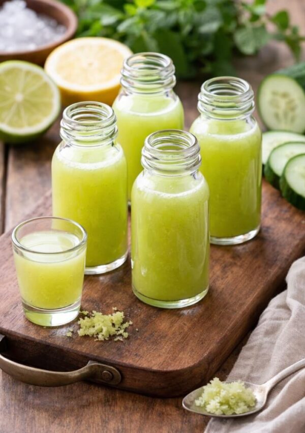 Four glass bottles and a small glass filled with green juice sit on a wooden tray. Fresh cucumber slices, ginger, halved lime, ice, herbs, and a spoon with ginger are arranged around them on a rustic table.