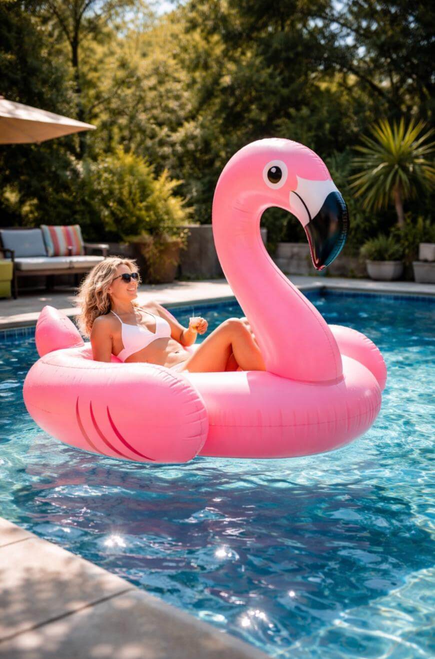 A woman in sunglasses and a white bikini relaxes on a large pink flamingo pool float in a backyard swimming pool, surrounded by greenery and outdoor furniture on a sunny day.