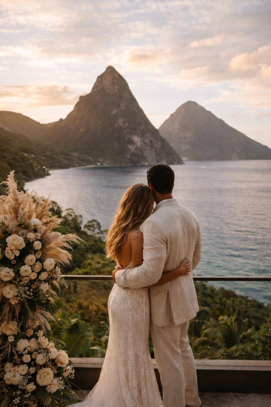 A bride and groom stand arm-in-arm on a balcony, gazing at a scenic view of mountains and a calm bay at sunset. Lush greenery and a floral arrangement are nearby. The couple is dressed in wedding attire.