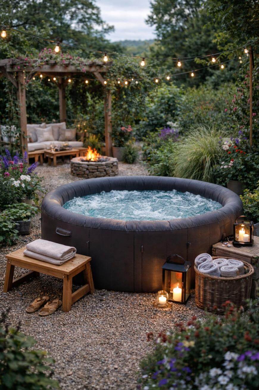 A cozy backyard scene with a bubbling round hot tub, a wooden bench with towels, candles, and lanterns around it. In the background, there’s a fire pit, garden furniture, string lights, and lush greenery and flowers.