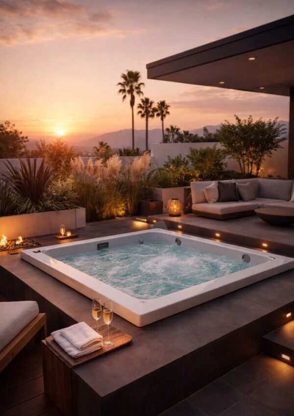 Modern outdoor patio at sunset with a bubbling hot tub, gray cushioned seating, two glasses of champagne, rolled towels, and a fire feature. Palm trees and mountains are visible in the background.