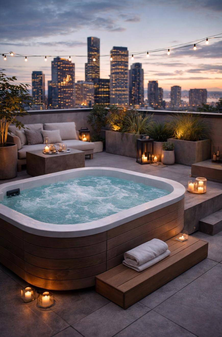 A rooftop patio with a bubbling hot tub, surrounded by candles, lanterns, and potted plants, overlooks a city skyline at sunset. Cozy seating and string lights add a warm, inviting atmosphere.