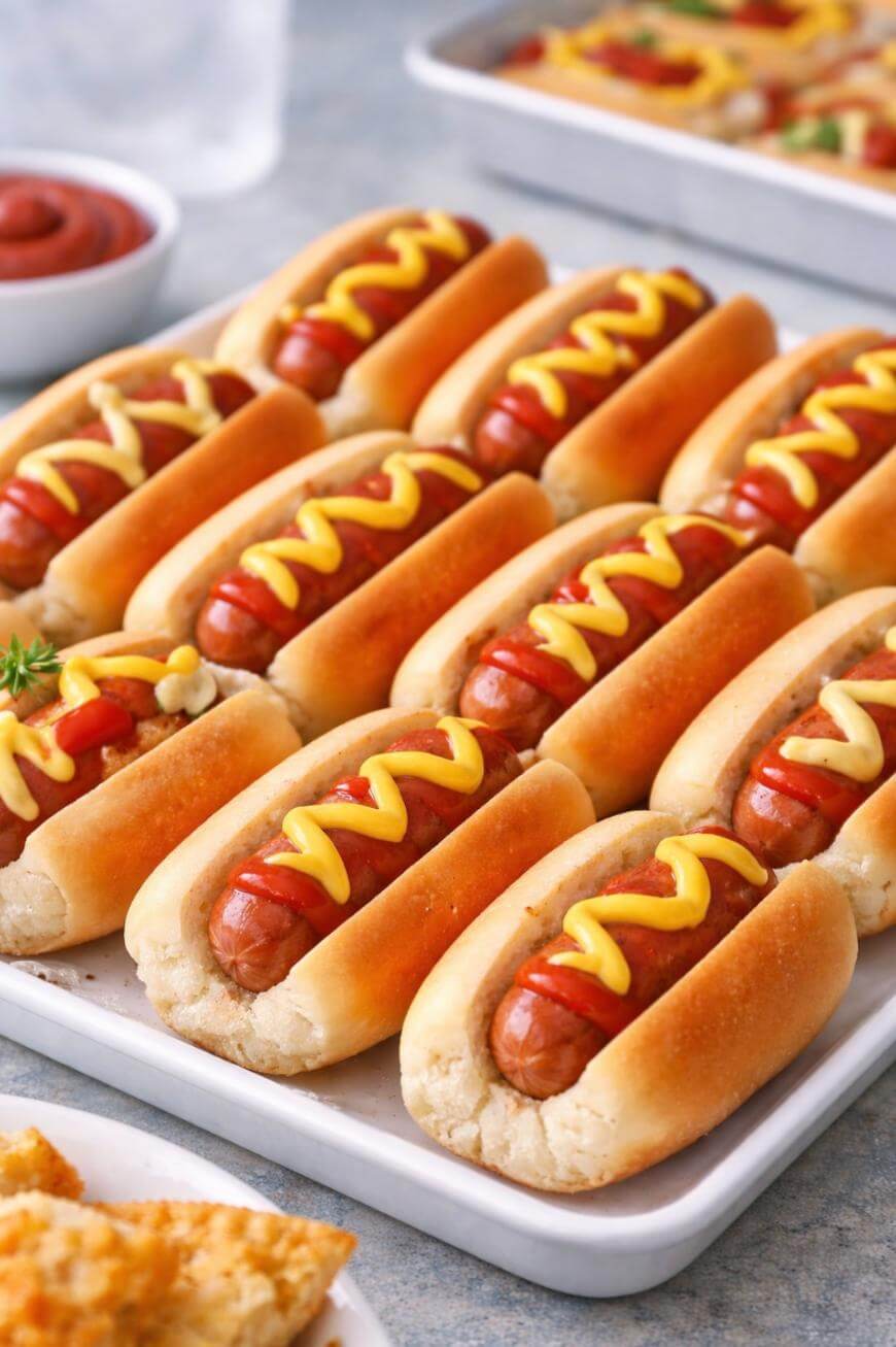 A tray of ten hot dogs in buns is topped with zigzag lines of yellow mustard. Other food items and condiments are visible in the background.