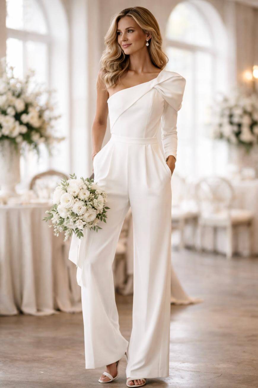 A woman in an elegant white one-shoulder jumpsuit stands indoors, holding a bouquet of white flowers. She has wavy blonde hair and wears heels. The background features round tables and large floral arrangements.