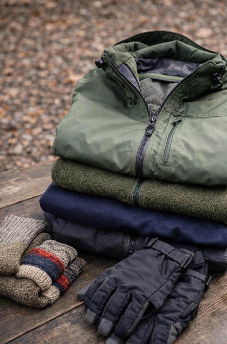 A stack of folded outdoor clothing, including a green jacket, two sweaters, and a pair of gray gloves and black insulated gloves, placed on a wooden surface with gravel in the background.
