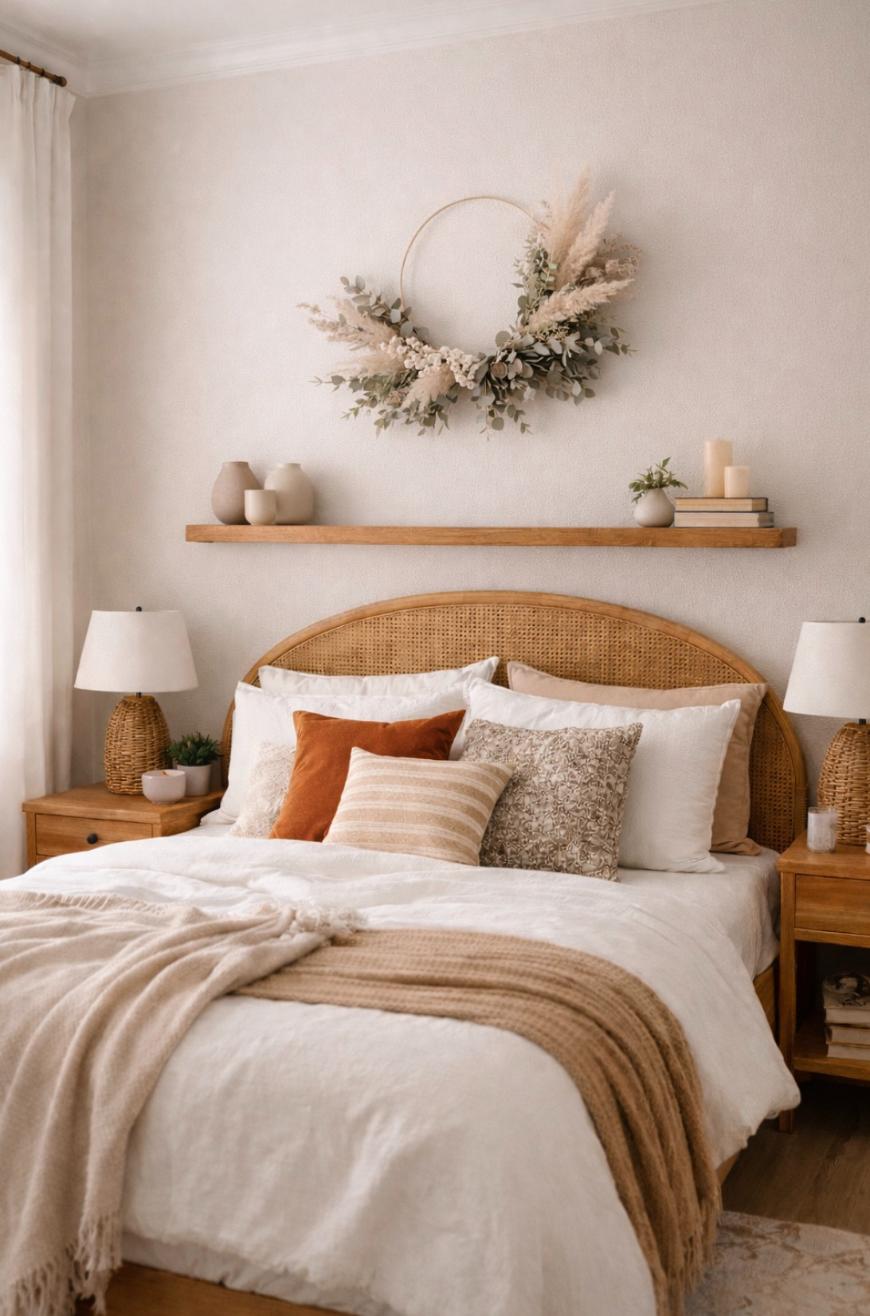A cozy bedroom with a rattan headboard, neutral bedding, and earth-toned throw pillows. A wooden shelf above the bed holds vases, books, and candles. A decorative floral wreath hangs on the wall above the shelf.